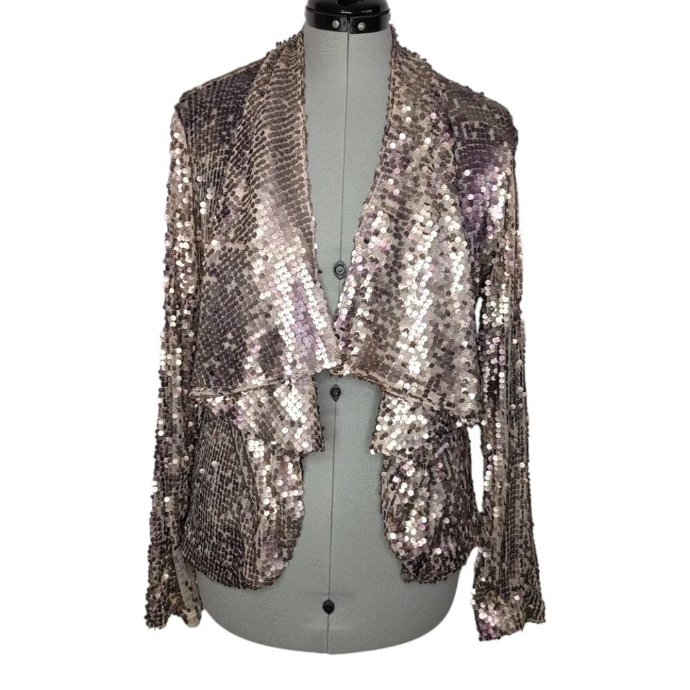 Boston Proper sequined metallic mesh blazer with shawl collar, women's size 18